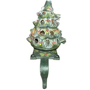 Vintage Cast Iron Christmas Tree Votive Candle & Stocking Holder Mantle Hook
